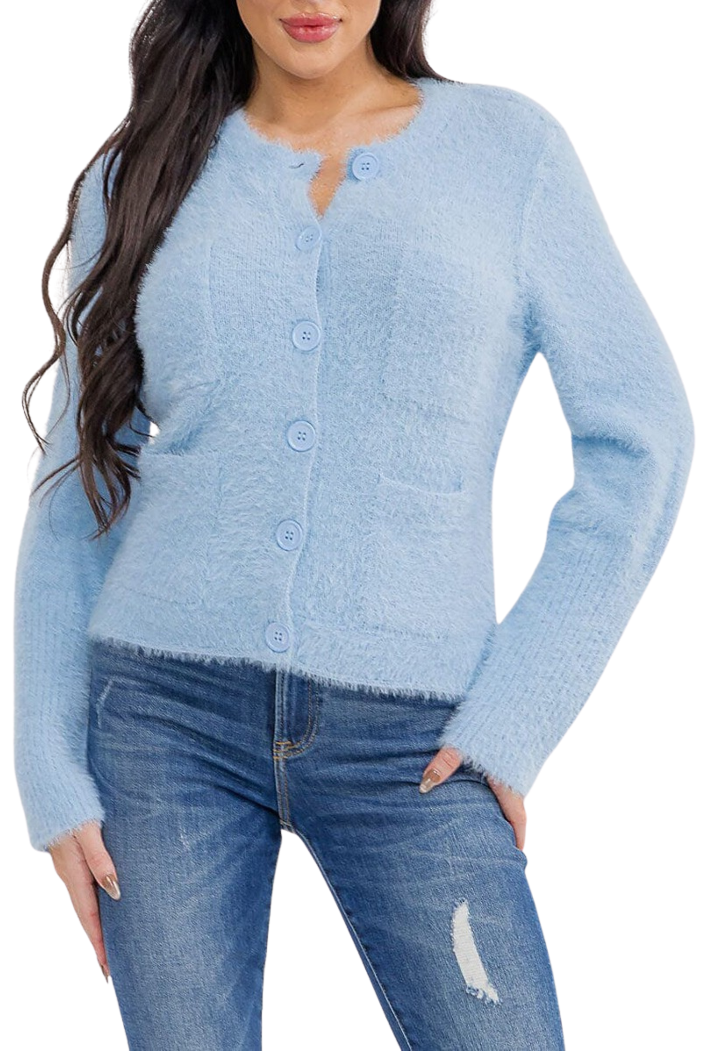 Fuzzy Front Pocket Button Up Cardigan
