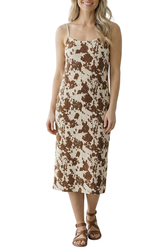 Cow Print Ribbed Knit Midi Dress