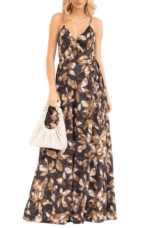 Sleeveless V-neck Open Back Floral Wrap Maxi Dress