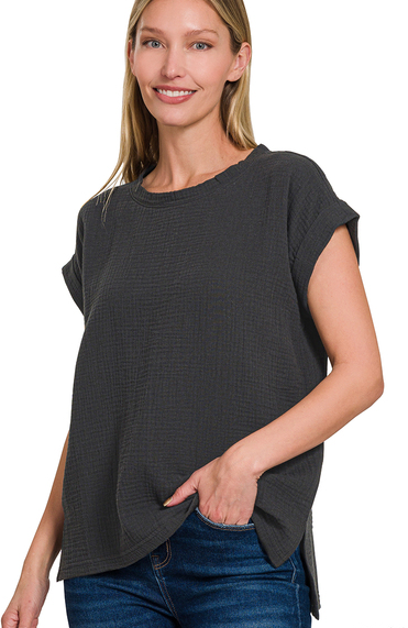 Cotton Gauze Rolled Short Sleeve