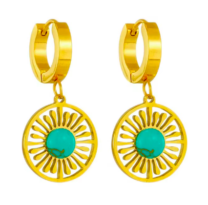 Stainless Steel Sunburst with Turquoise Huggie Hoops