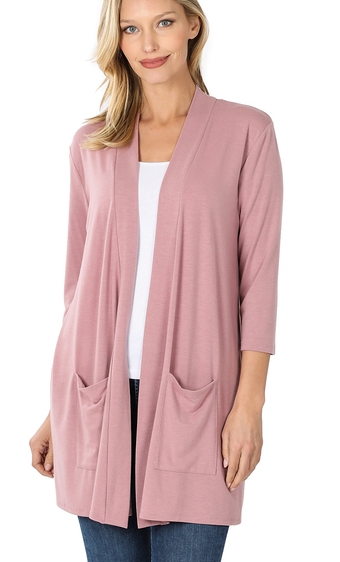 3/4 Sleeve Open Cardigan with Pockets