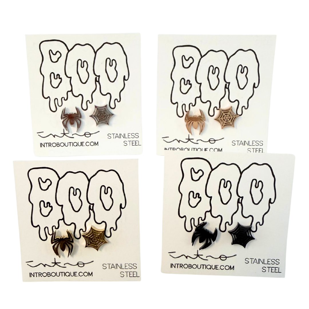 Stainless Steel Halloween Spider & Web Earrings