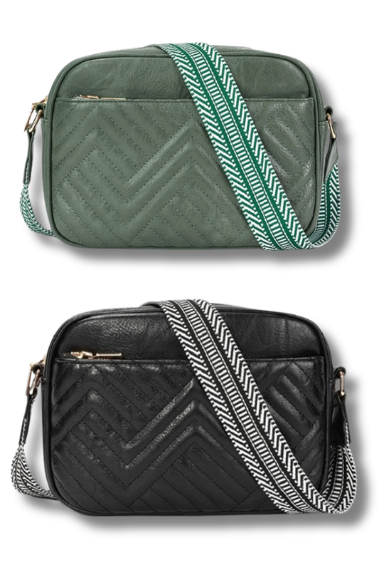 Quilted Vegan Leather Cross Body Bag with Chevron Strap