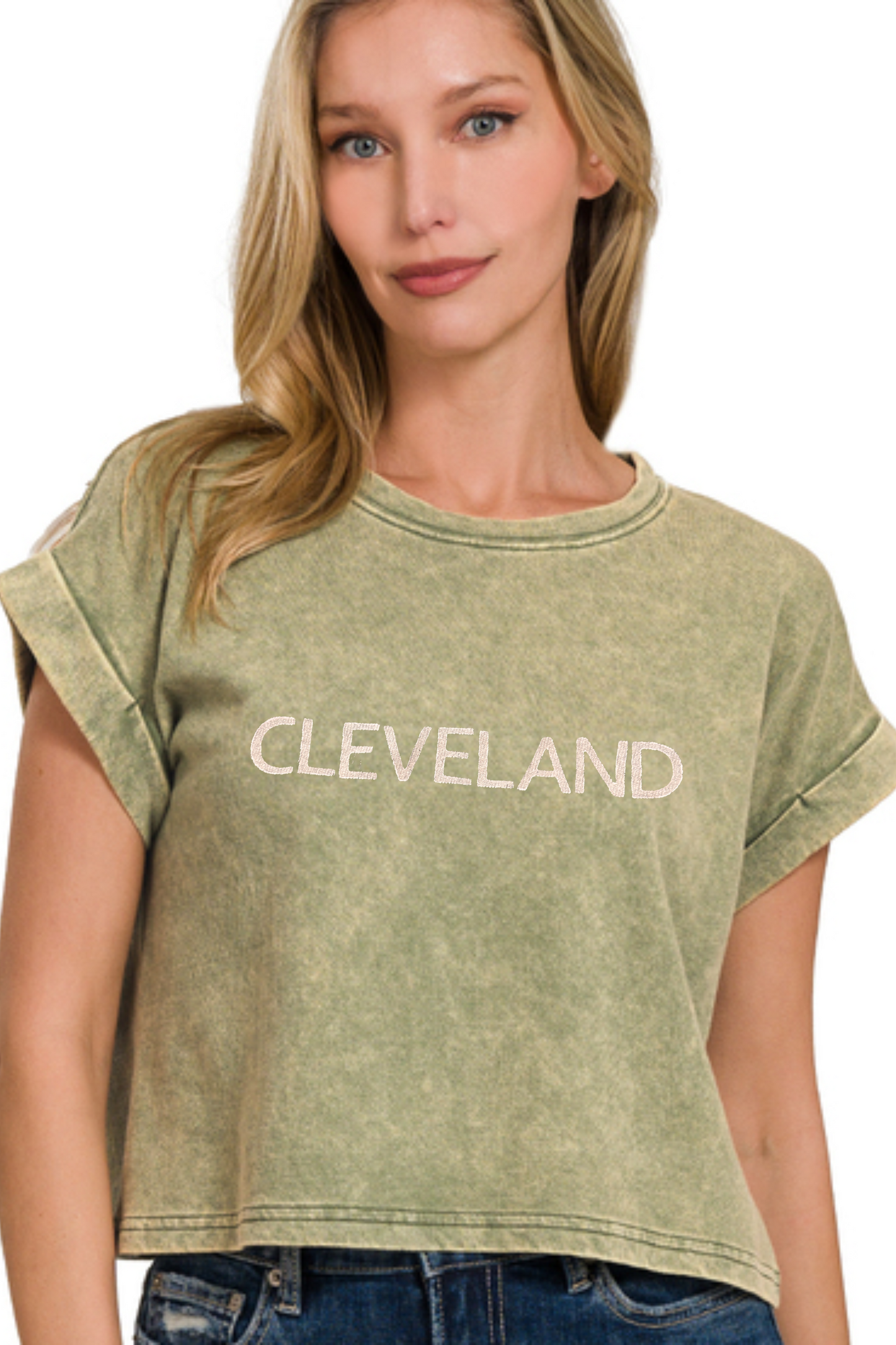 Cleveland Hand Stamped Acid Washed Crop T