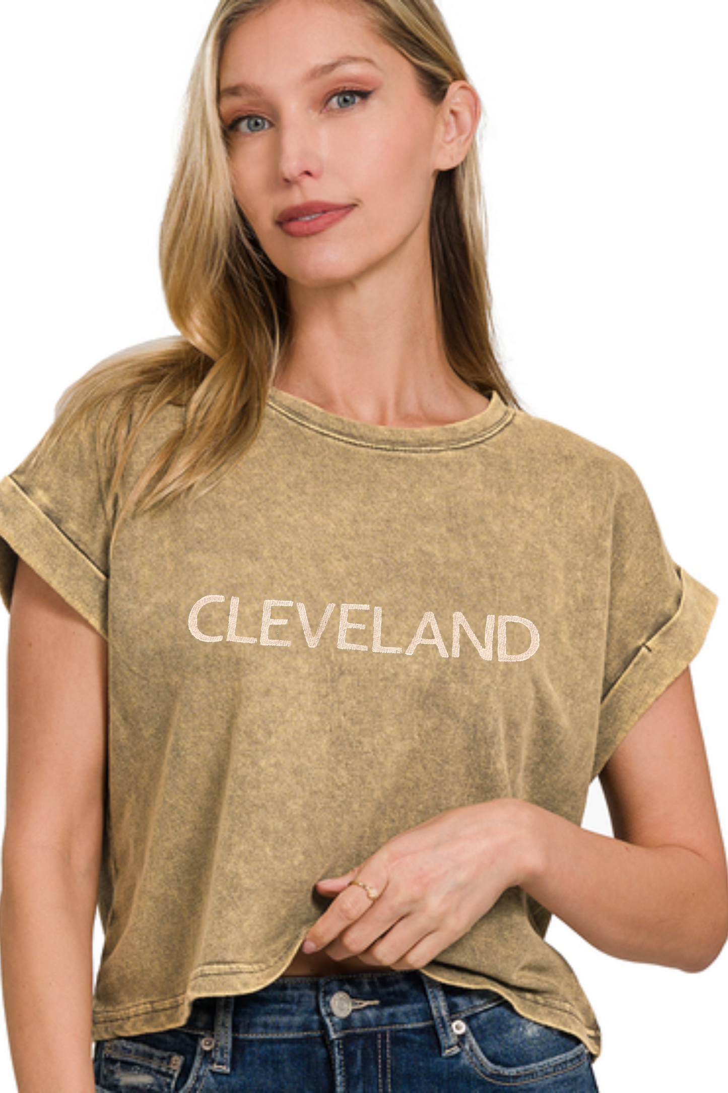 Cleveland Hand Stamped Acid Washed Crop T