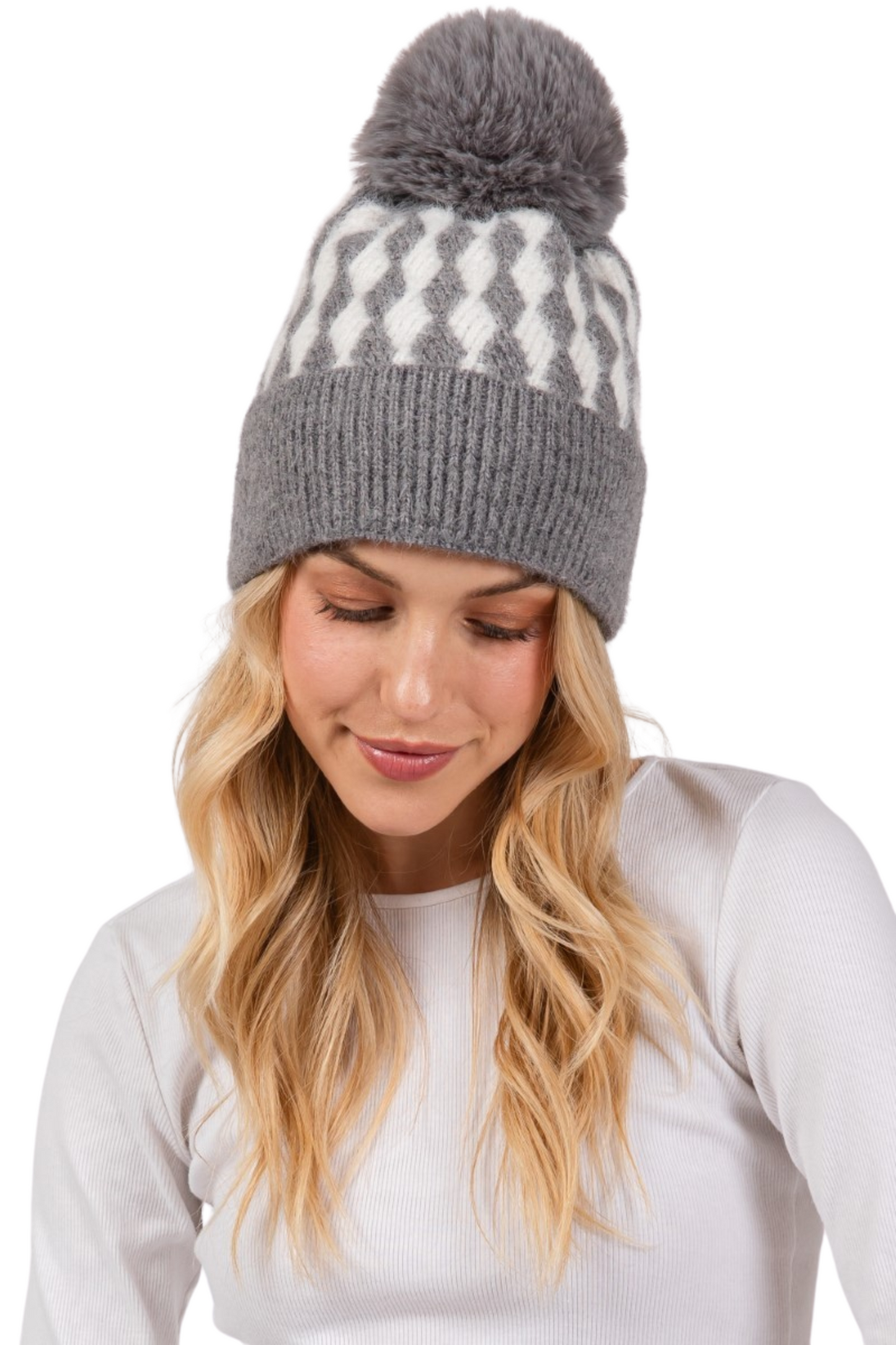 Diamond Stripe Beanie with Pom Pom