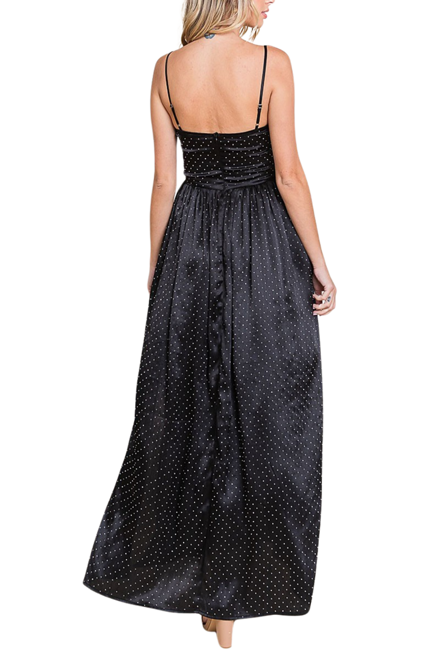 Silky & Rhinestone Smocked Maxi Dress