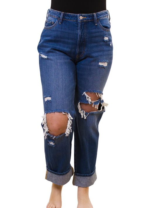 (24) Distressed & Cuffed Girlfriend Jeans (Medium Wash)