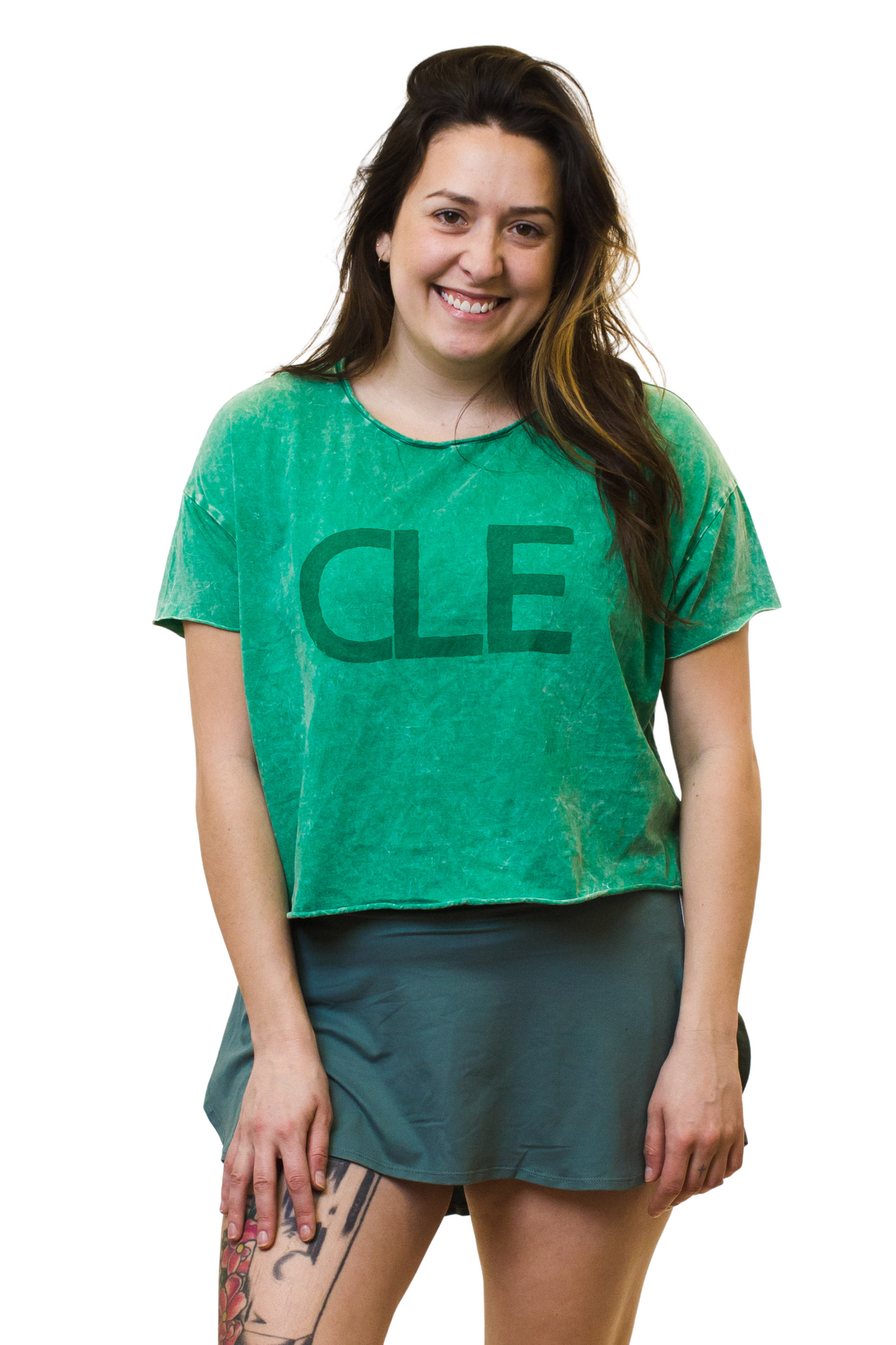 Hand Stamped CLE Acid Wash Semi-Crop Short Sleeve