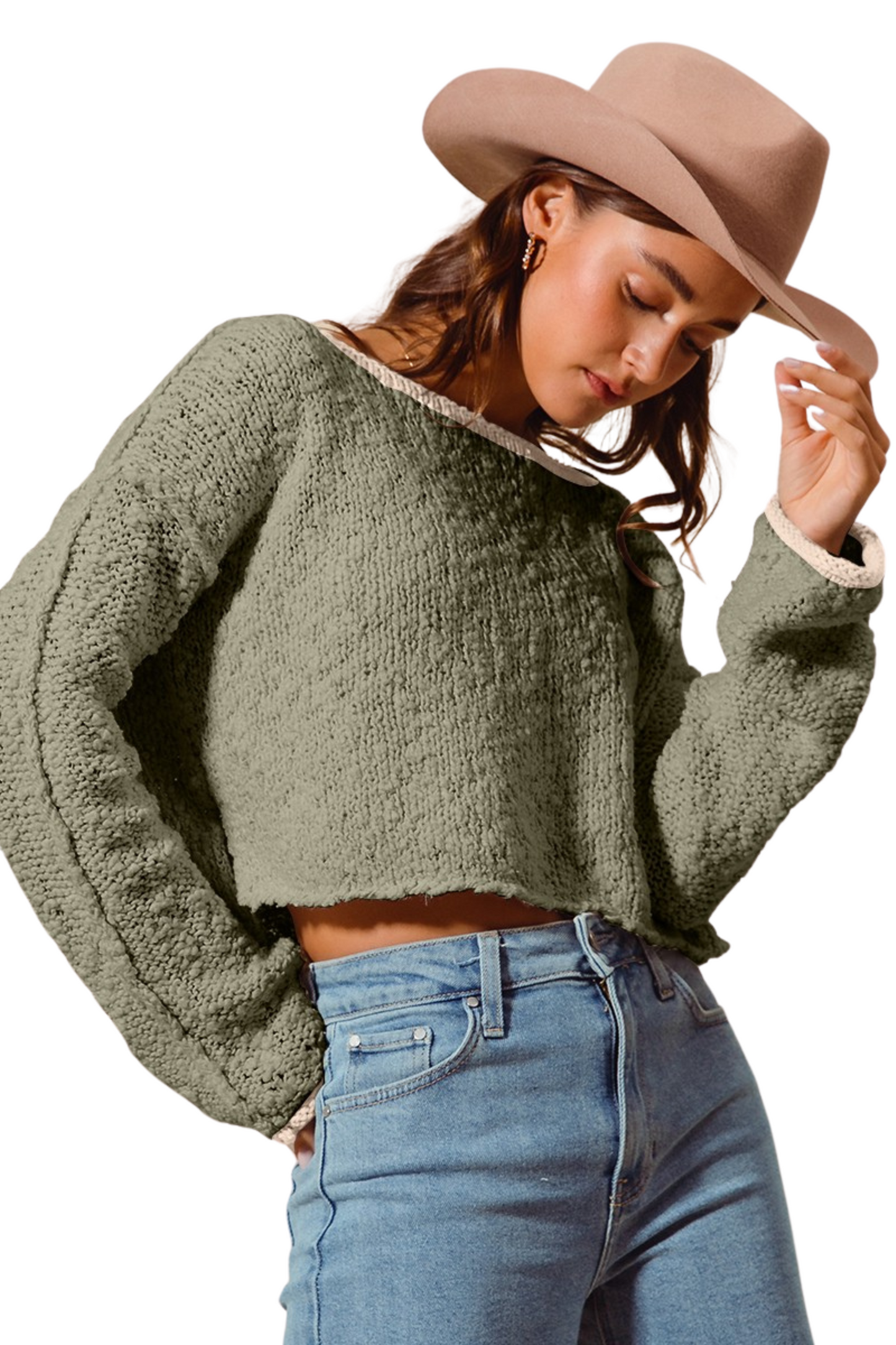 Open Knit Cropped Sweater with Contrast Edge