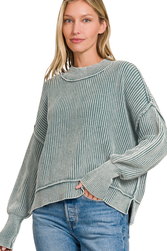 Acid Washed Ribbed Oversized Side Slit Cropped Sweater