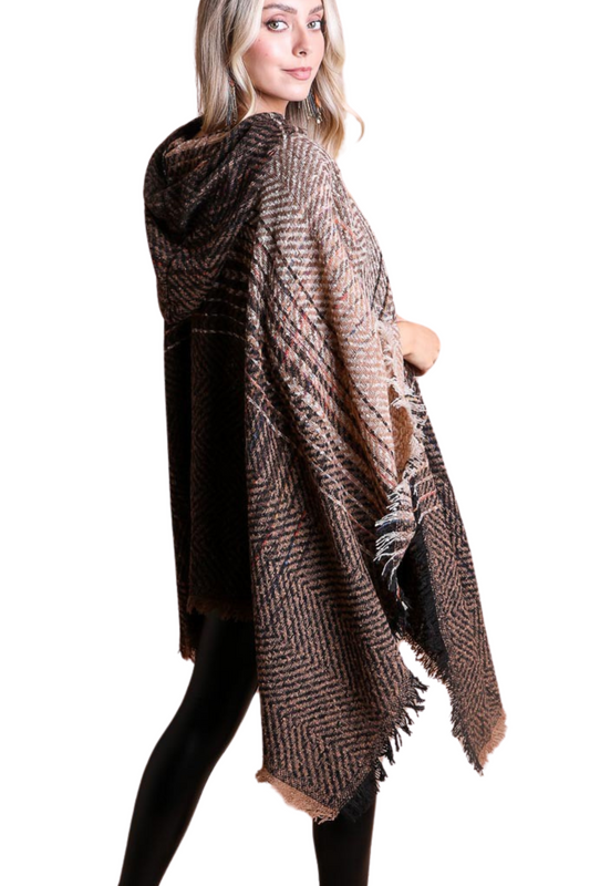 Herringbone Tweed Hooded Frayed Edge Poncho