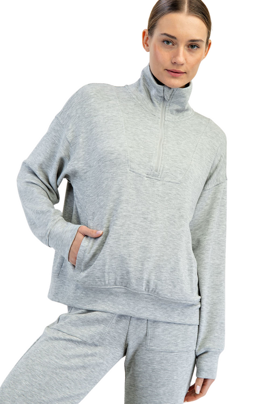 Quarter Zip Funnel Neck Pullover with Kangaroo Pocket