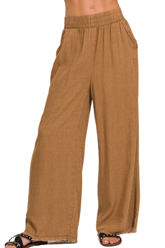 Linen Mix Frayed Hem Pants