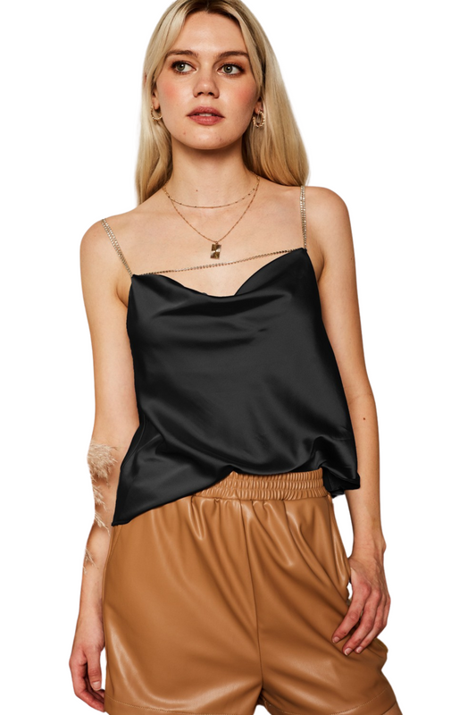 Rhinestone Trim Cowl Neck Cami Crop Top