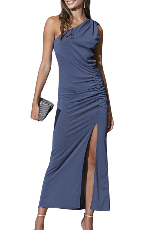 One Shoulder Ruched Maxi Dress with Side Slit and Shoulder Draping
