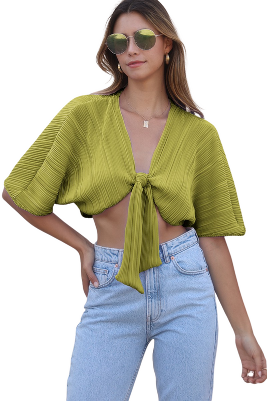 (Small & Medium) Accordion Style Dolman Sleeve Front Tie Crop Top/Cover Up