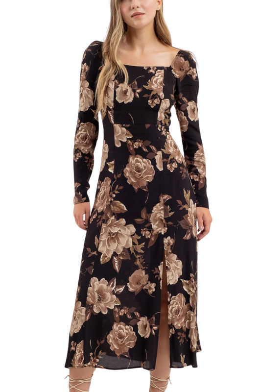 Floral Square Neck Long Sleeve Midi Dress