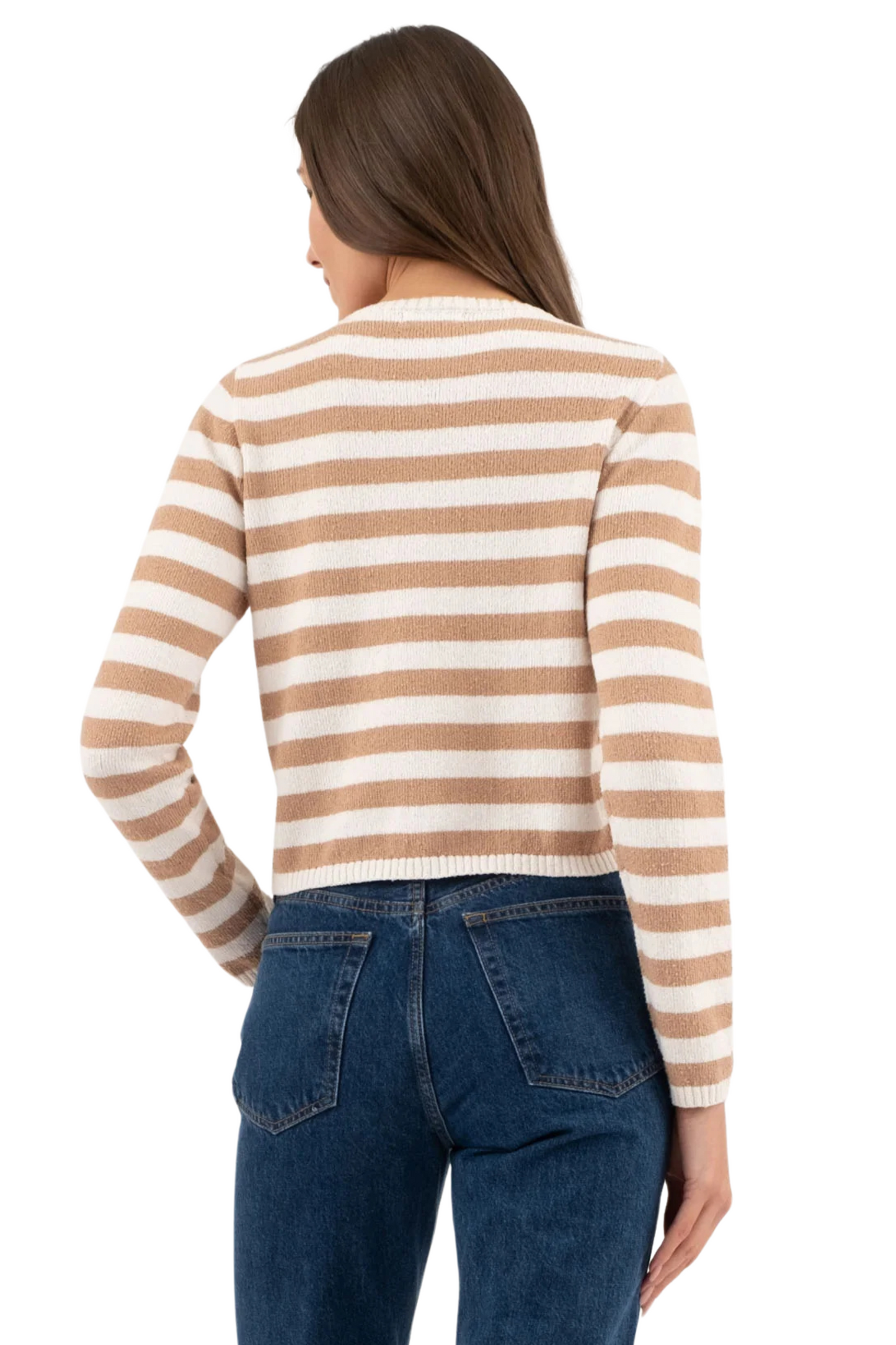 Striped Round Neck Preppy Cardigan Sweater with Buttons