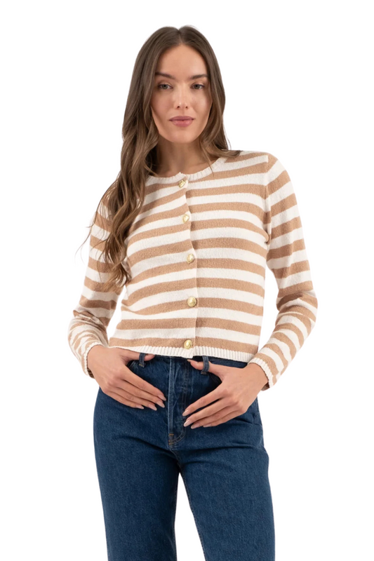 Striped Round Neck Preppy Cardigan Sweater with Buttons