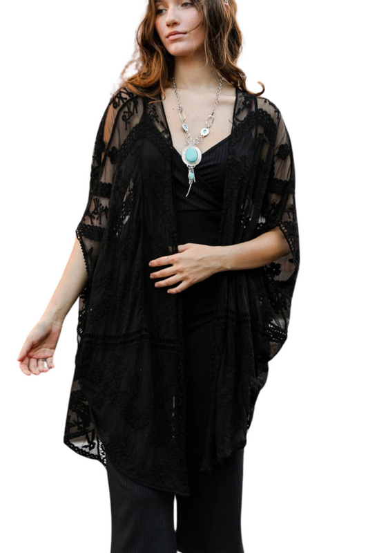 Floral Embroidered Mesh Kimono