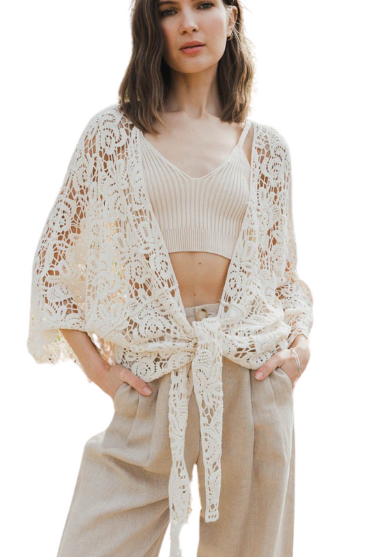 Sheer Front Tie Lace Kimono