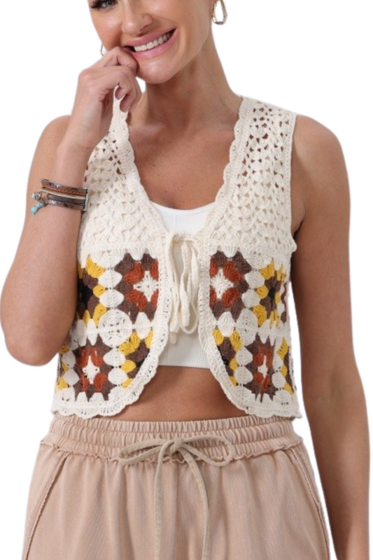Crochet Patchwork Tie Front Vest