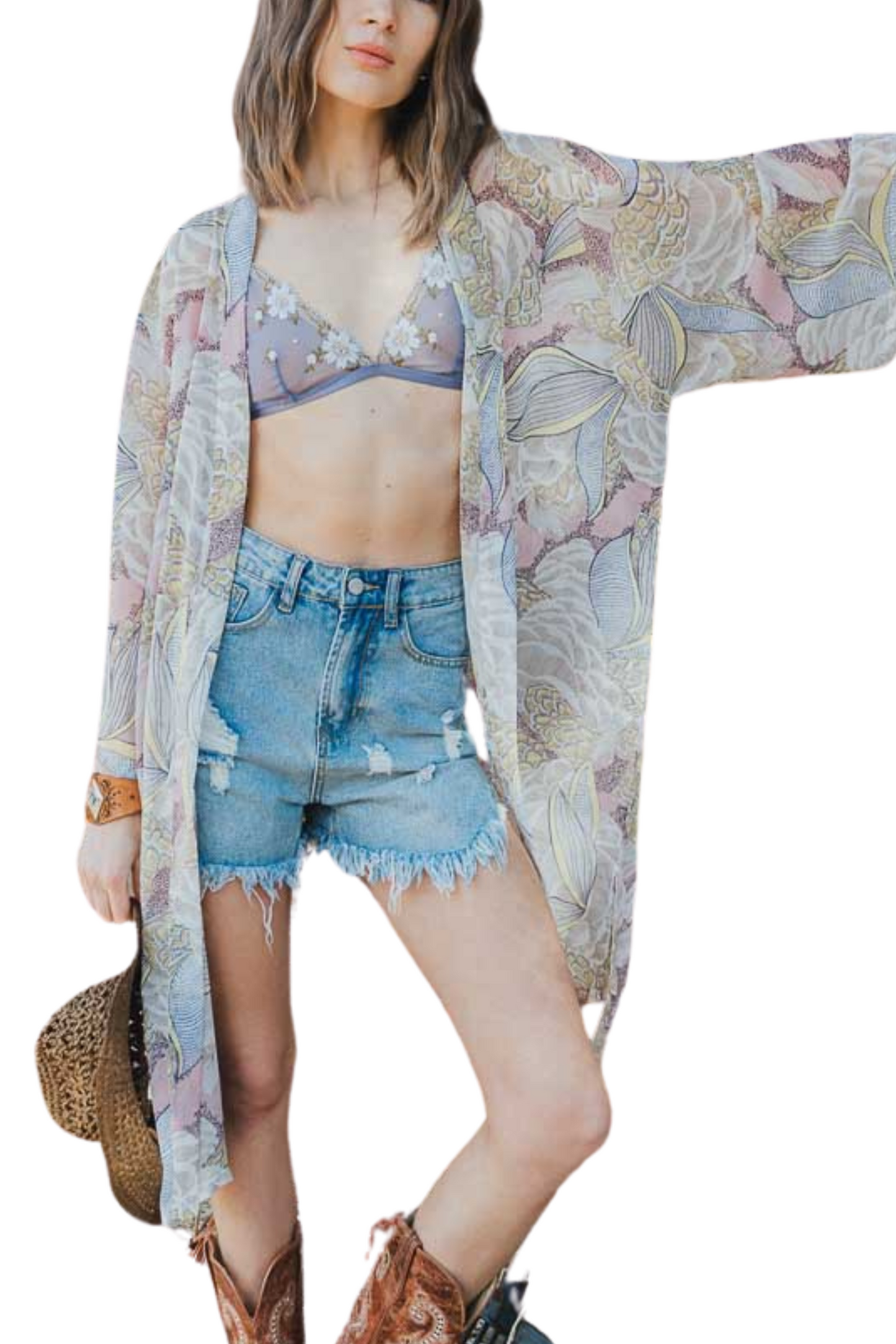 Flowy Floral Print Kimono with Suede String Belt