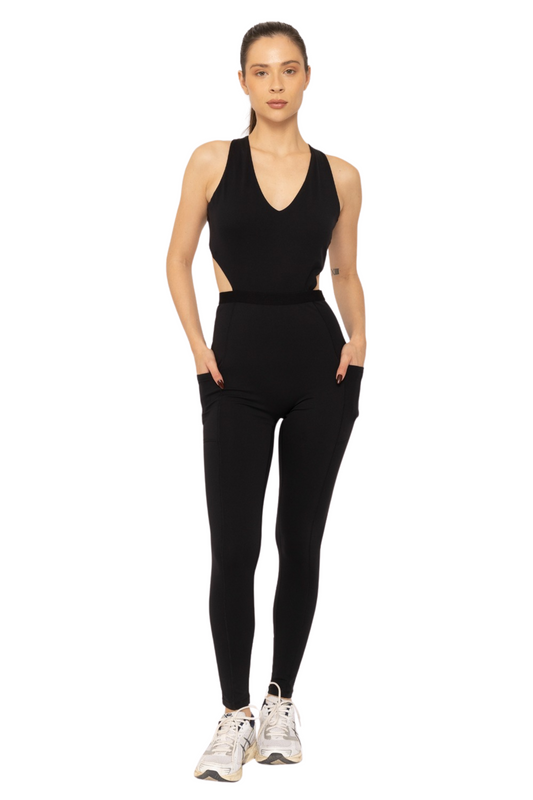 Cut Out V Neck Jumpsuit with Side Pockets