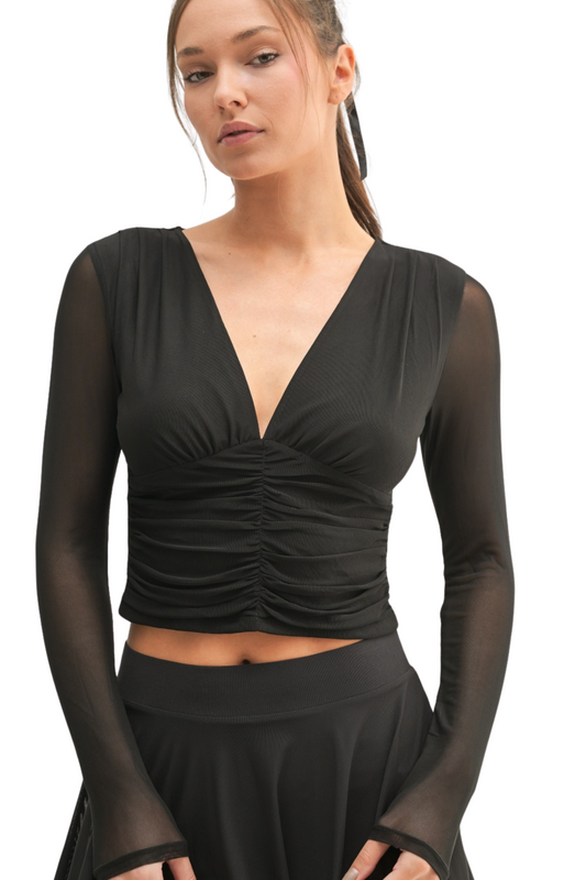 All Over Mesh Long Sleeve V Neck Top