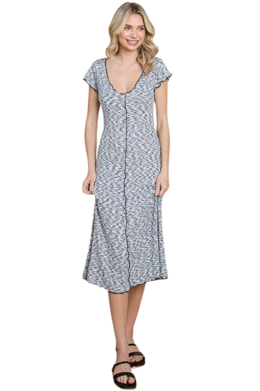 V-Neck A-Line Short Sleeve Midi Dress