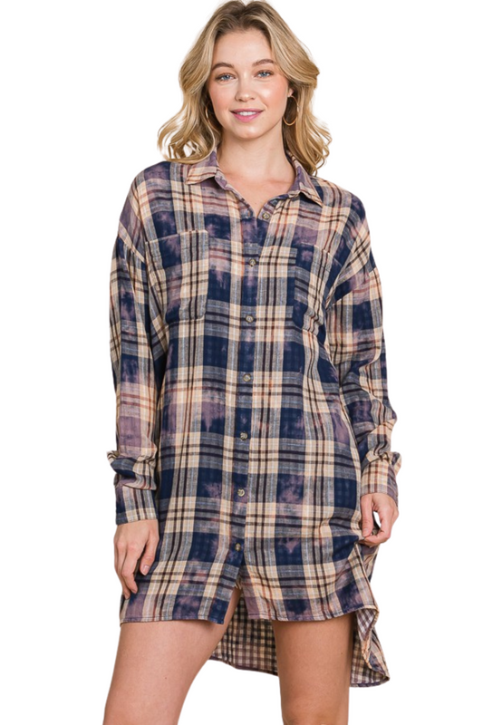 Tie Dyed Plaid Button Down Tunic
