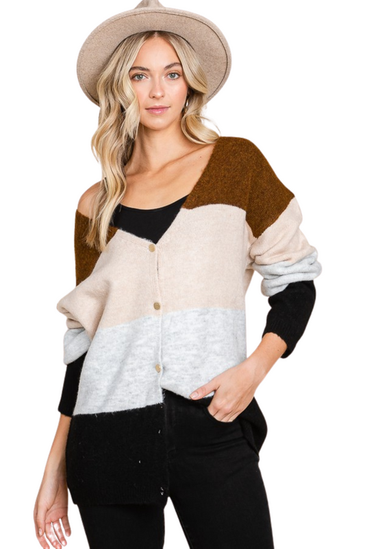 Color Block Stripe V Neck Button Up Sweater