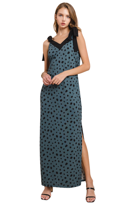 Polka Dot V Neck Maxi Dress with Adjustable Tie Straps