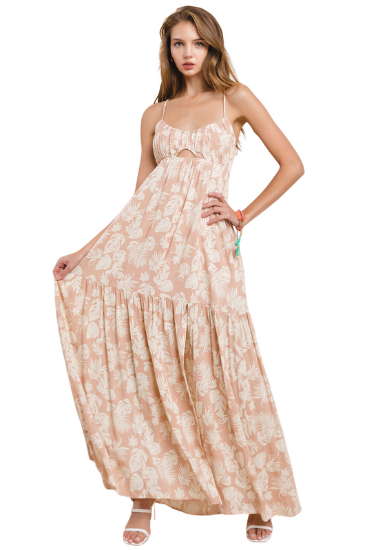 Leaf Print Woven Maxi Dress with Back Tie