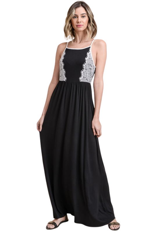 Sleeveless Maxi Dress with Contrast Eyelash Trim Lace