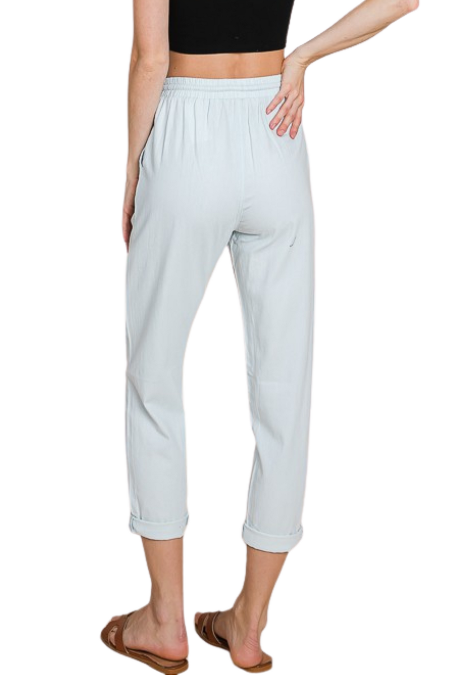 Cotton Denim Cropped Pull On Pant