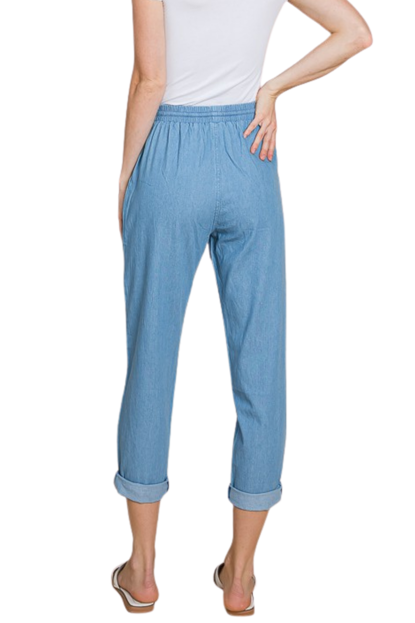 Cotton Denim Cropped Pull On Pant