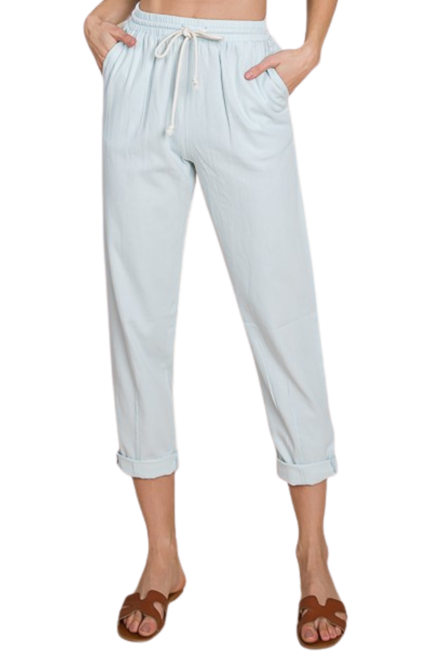 Cotton Denim Cropped Pull On Pant