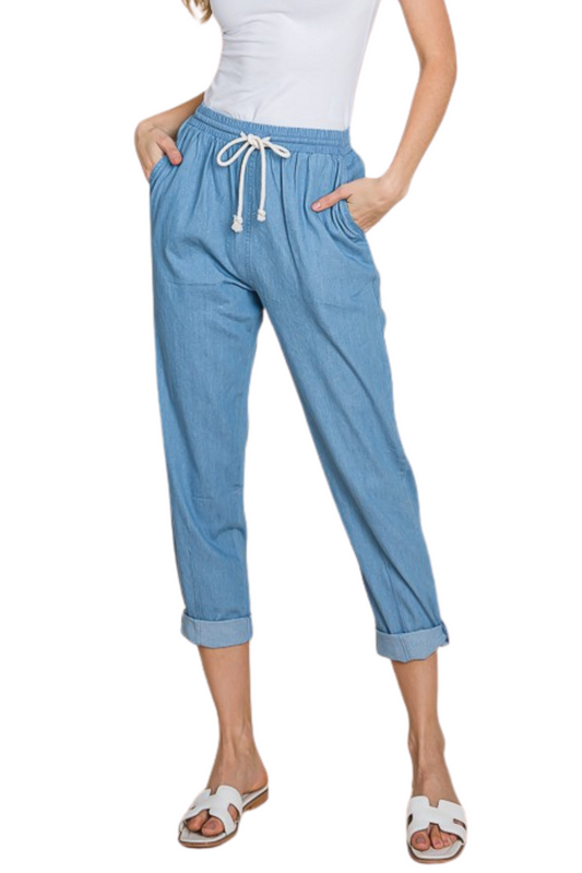 Cotton Denim Cropped Pull On Pant
