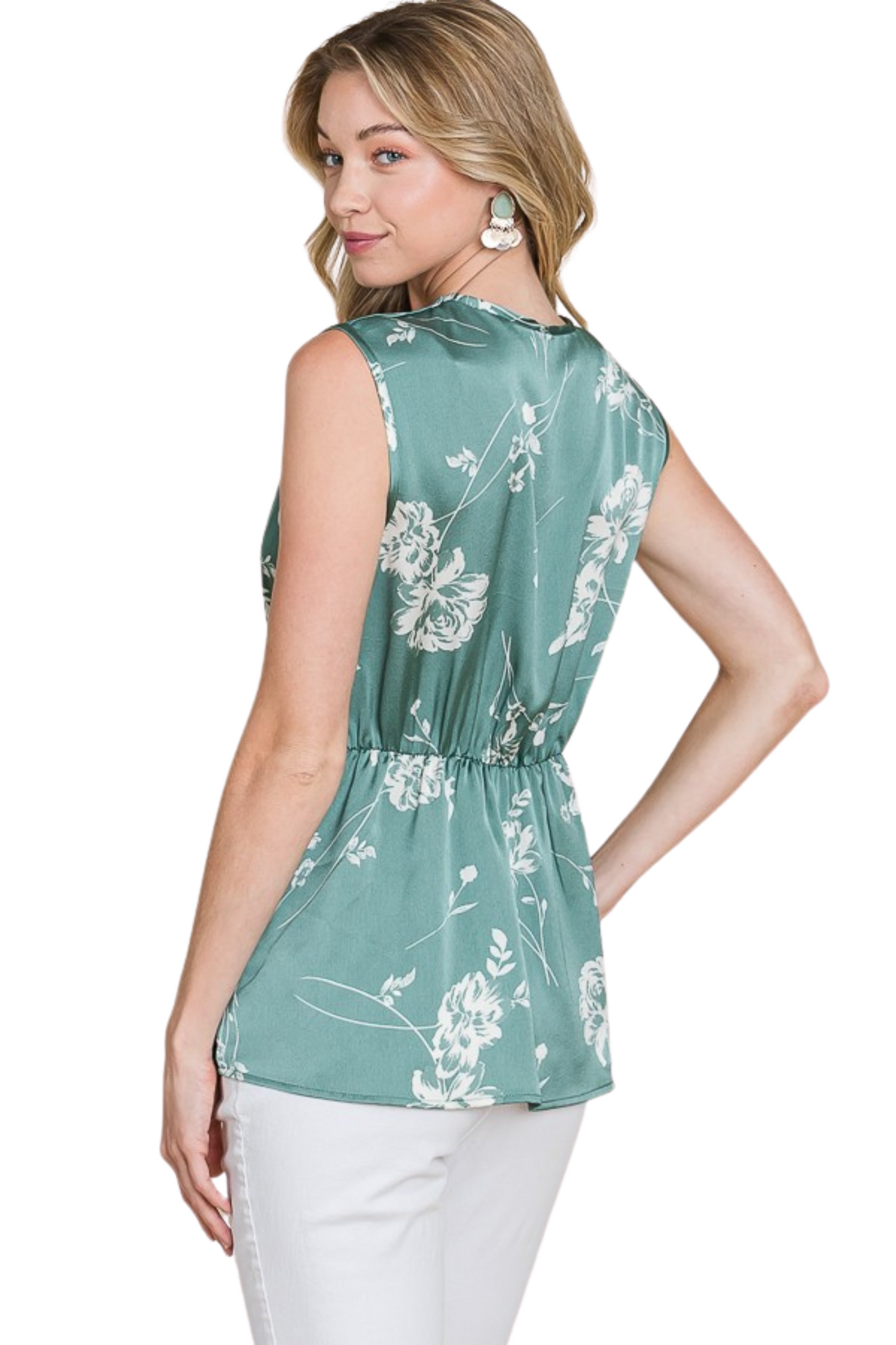 Satin Floral Twist Front Sleeveless Top