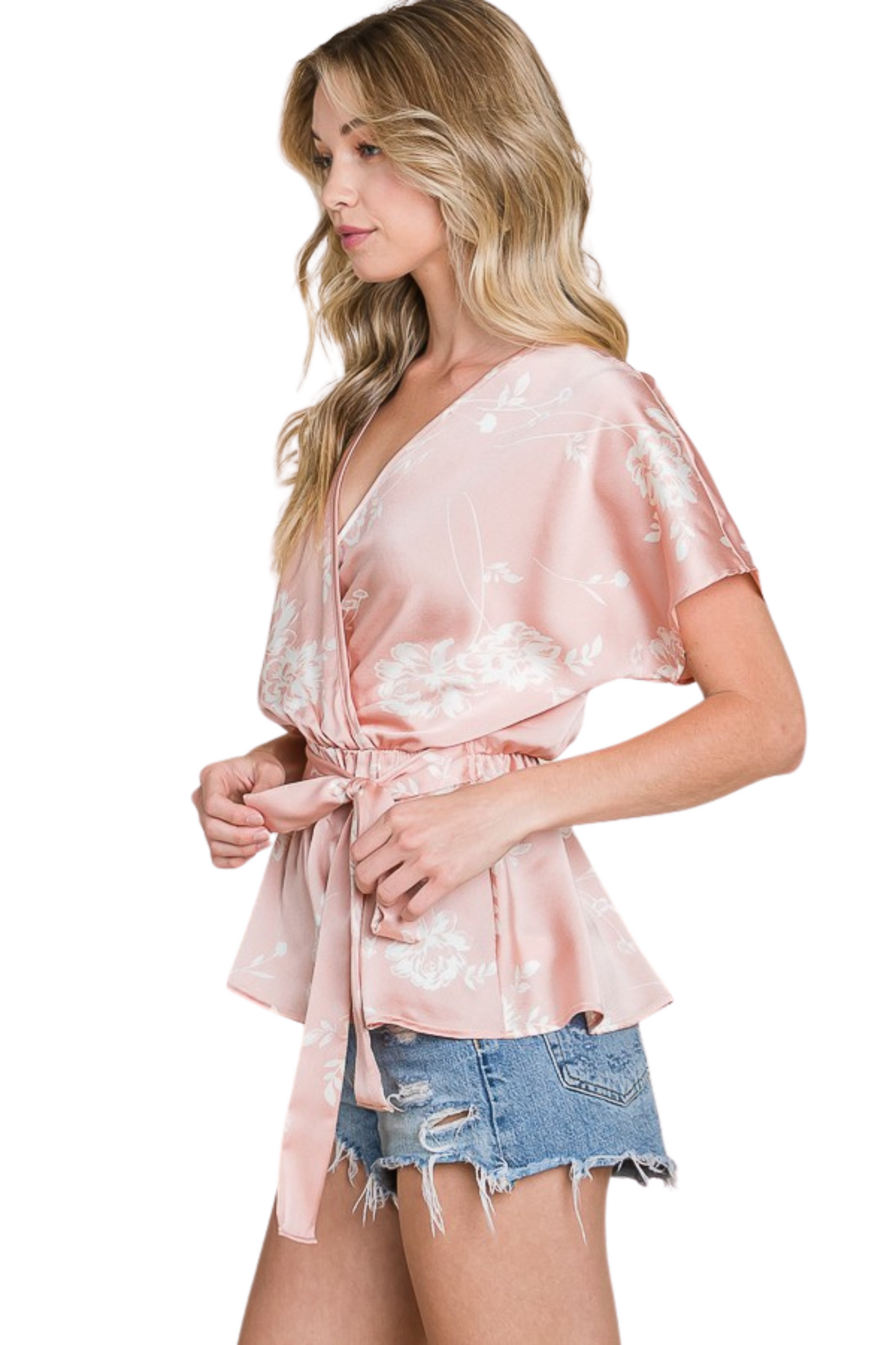 Satin Dolman Sleeve Blouse with Tie Waist