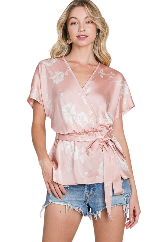 Satin Dolman Sleeve Blouse with Tie Waist