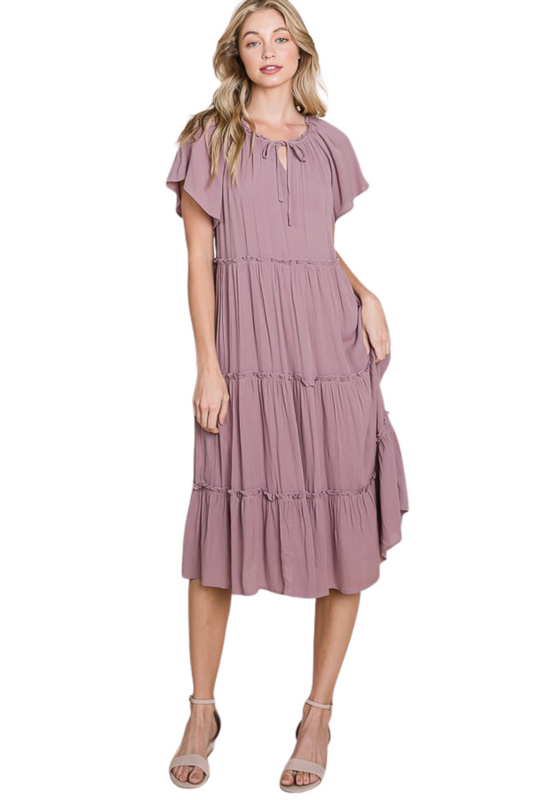 Flowy and Tiered Short Sleeve Midi Dress with Tie Front