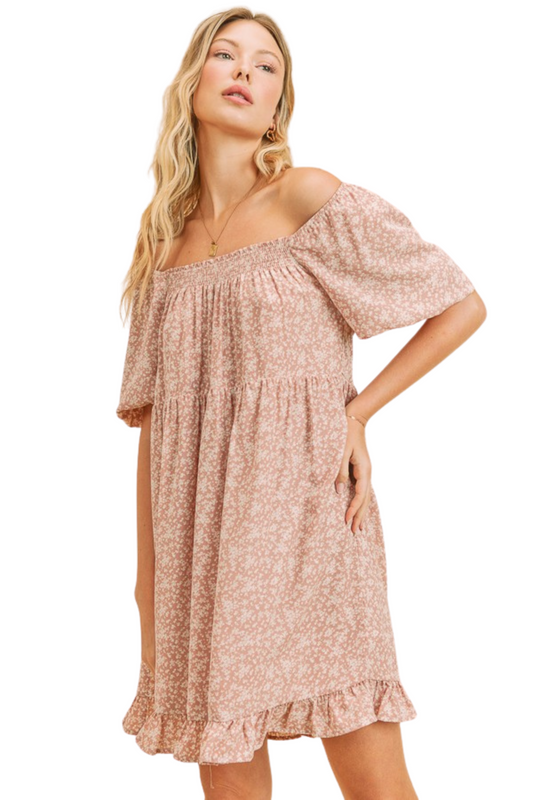 Off the Shoulder Puff Sleeve Floral Mini Dress with Ruffle Hem