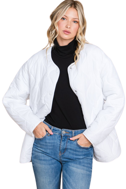 Wave Quilted Collarless Jacket with Snap Buttons