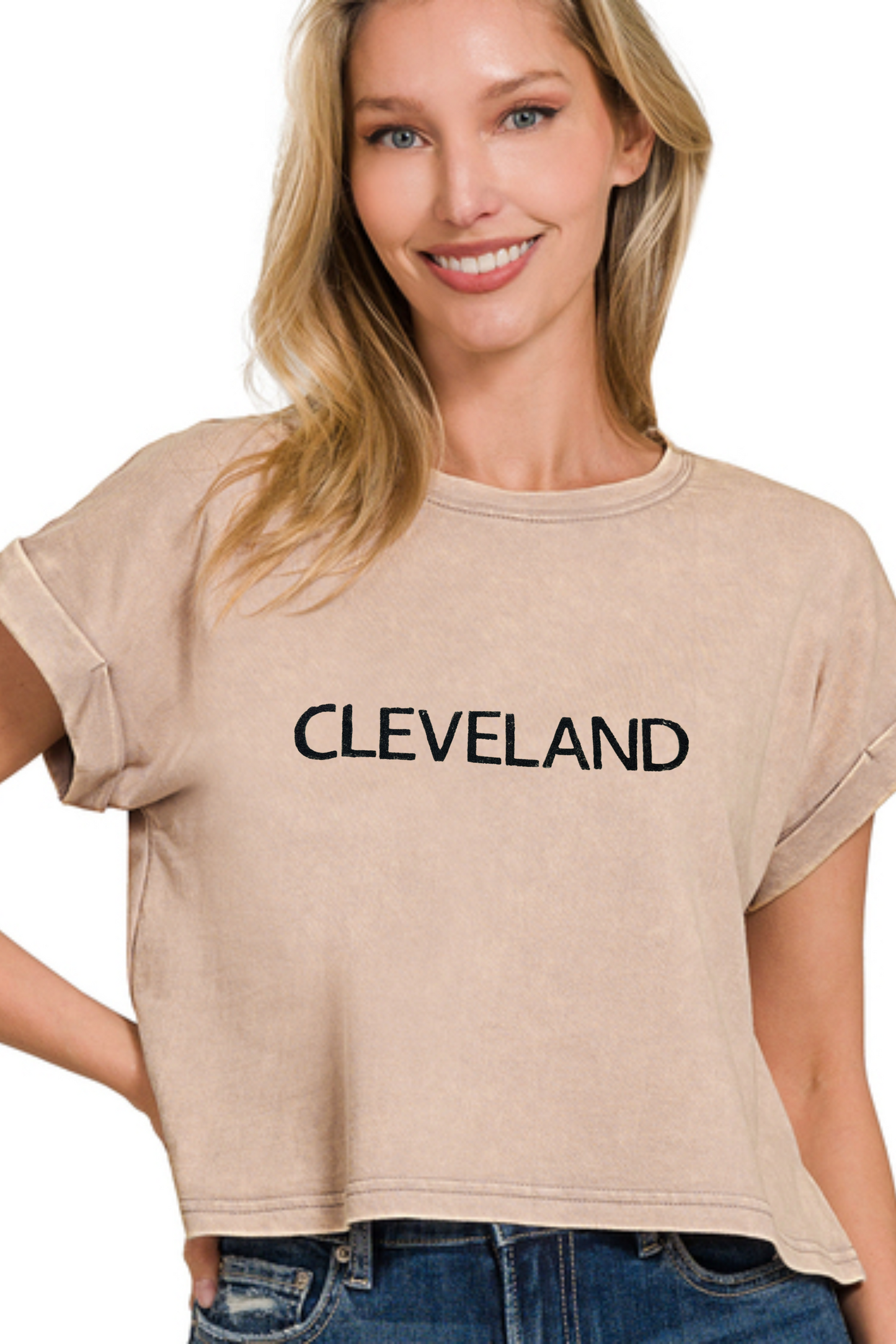 Cleveland Hand Stamped Acid Washed Crop T