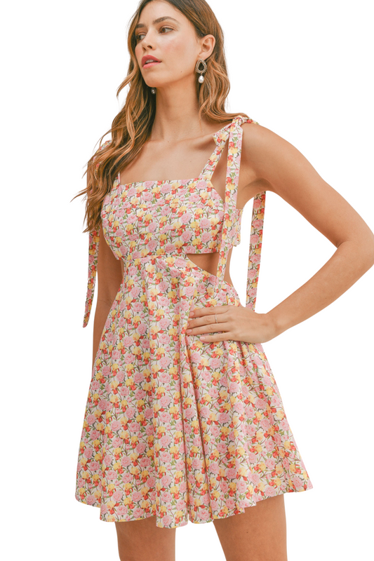Floral Print Cut Out Waist Mini Dress
