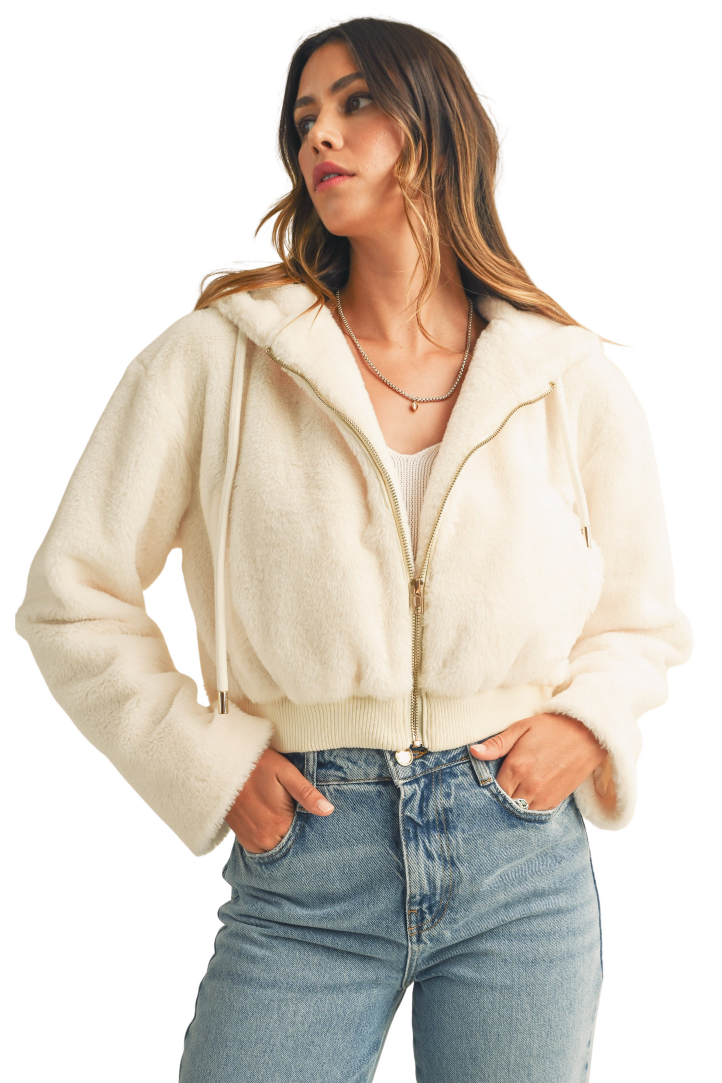 Faux Fur Hoodie Zip Up Crop Jacket